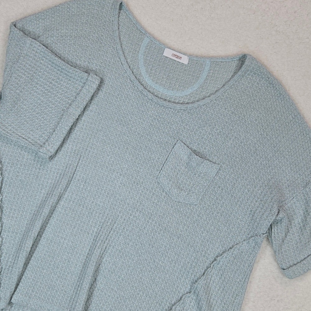 Cherish Waffle Knit Top Womens Small Blue Short Sleeve Pocket High Low‎ Relaxed